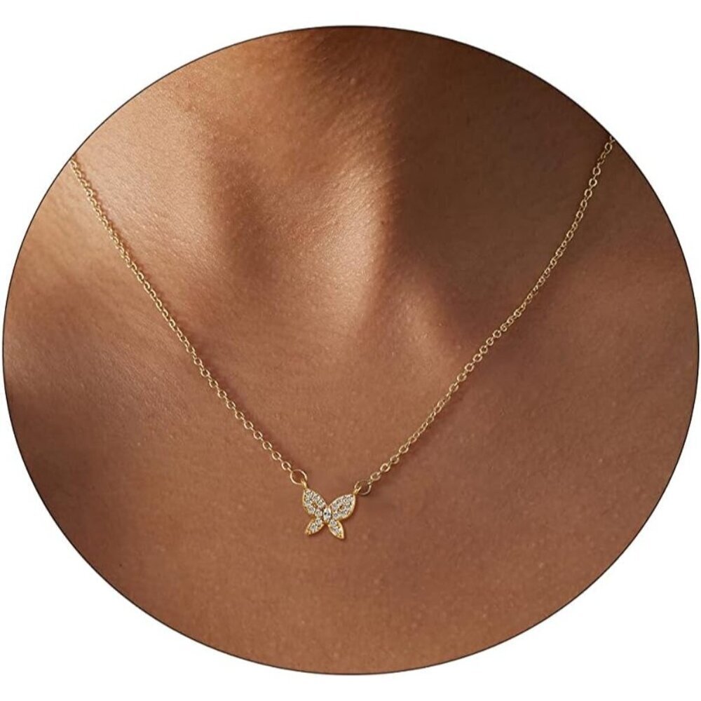 🆕Women’s Gold 14k Gold Plated CZ Butterfly Pendant Necklace Hypoallergenic